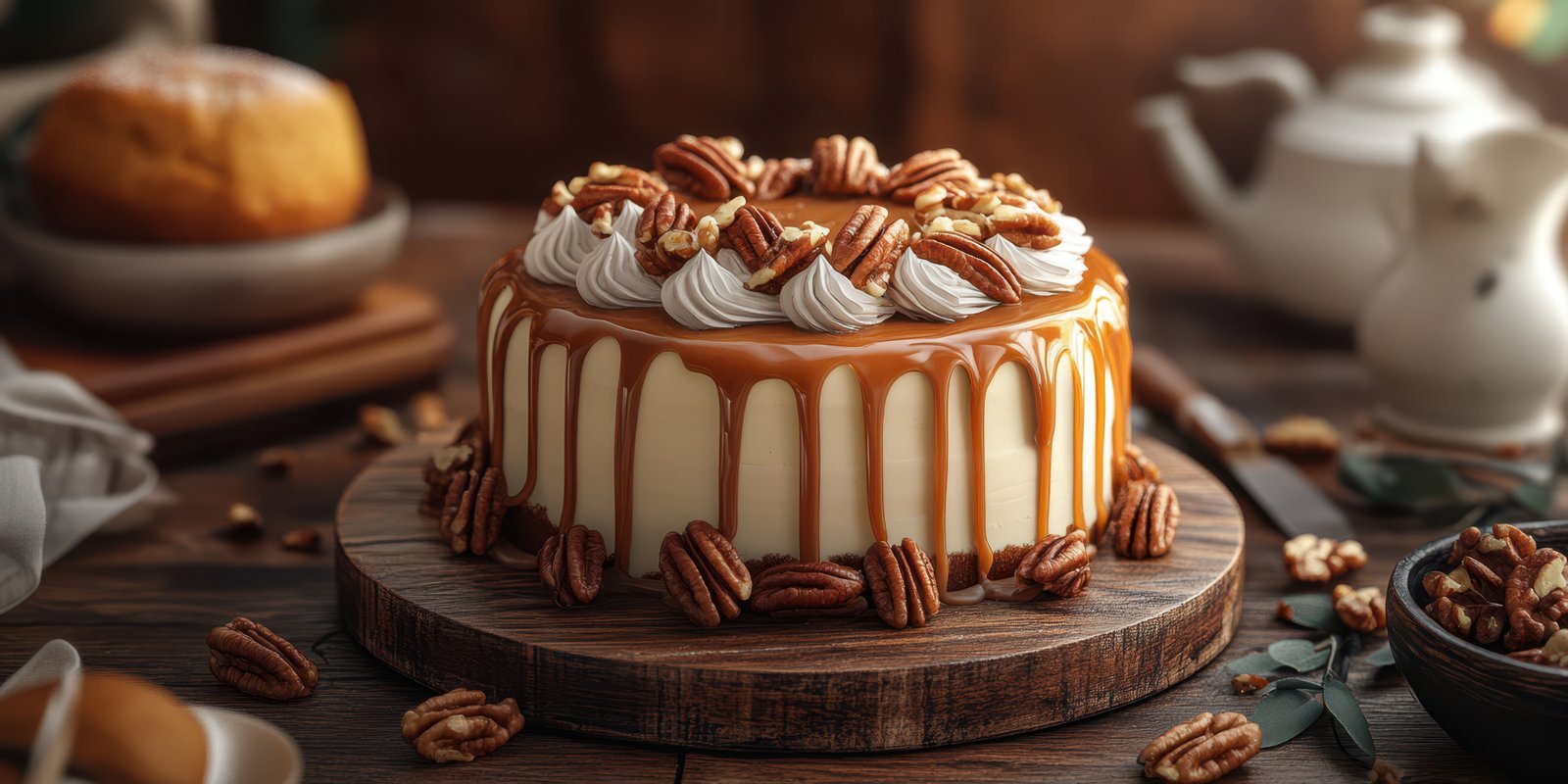 Deliciously decorated caramel pecan cake on a rustic wooden table with warm lighting